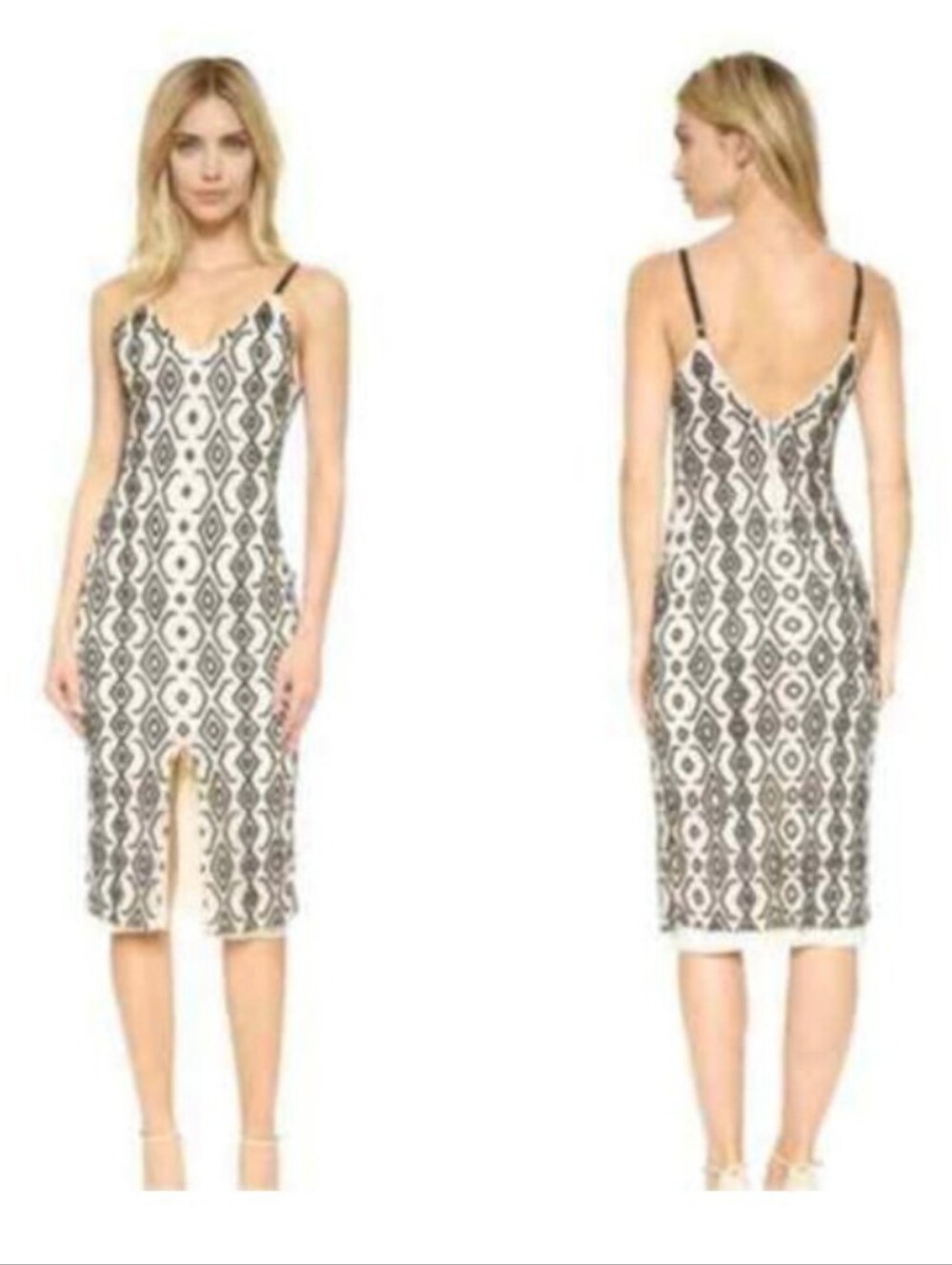 Alice+Olivia Elegant Black and Cream Handcrafted Beaded Maxi V-neck Dress